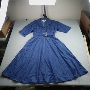 The American Shirt Dress Womens 14 Blue Vintage 80s Cotton Midi